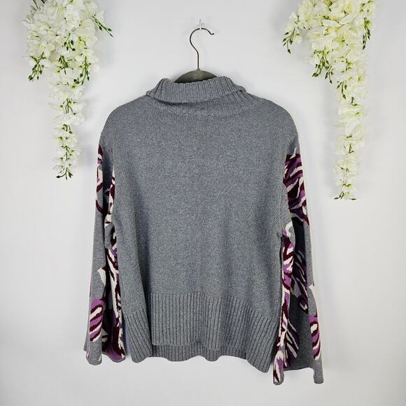 CAbi Eden Pullover Turtleneck Knit Sweater Gray Floral Flare Sleeve Large Casual - Picture 5 of 14